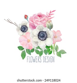 Watercolor flowers design label. Hand drawn vintage bouquet with anemone, peony, rose hip, leaves and branches. Vector floral artwork isolated on white background