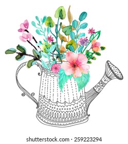 Watercolor Flowers And Doodle Watering Can Over White, Vector