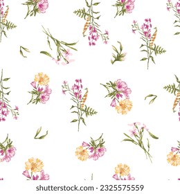 Watercolor flowers fashion seamless pattern pastel colors pink and yellow. Print for textile, home decor, womans and girls clothes, dresses, top. 