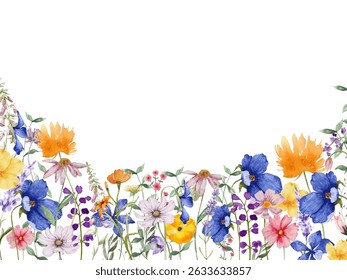 Watercolor flowers, floral frame border for greeting card, invitation and other printing design. Isolated on white. Hand drawing.