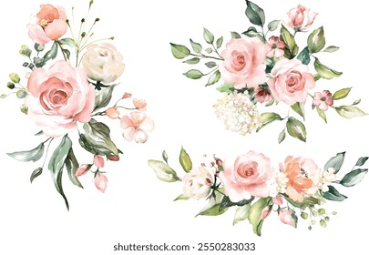 watercolor flowers. floral illustration, Leaf and buds. Botanic composition for wedding or greeting card.  branch of flowers - abstraction roses, romantic