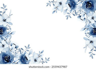 watercolor flowers frame background for design blue color. Floral border frame card template.