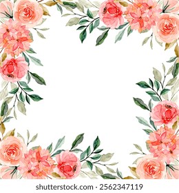 watercolor flowers frame, background for design peach colors
