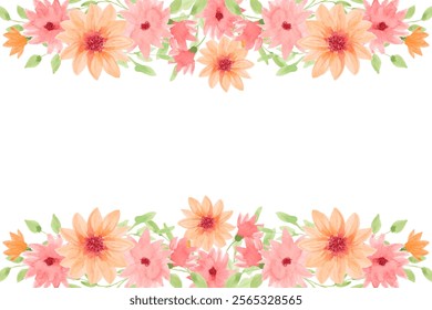 Watercolor flowers frame background for design. Floral frame card template. Vector design illustration for banner, wedding card.