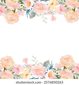 Watercolor flowers frame background for design. Floral frame card template. Vector design illustration for banner, wedding card.