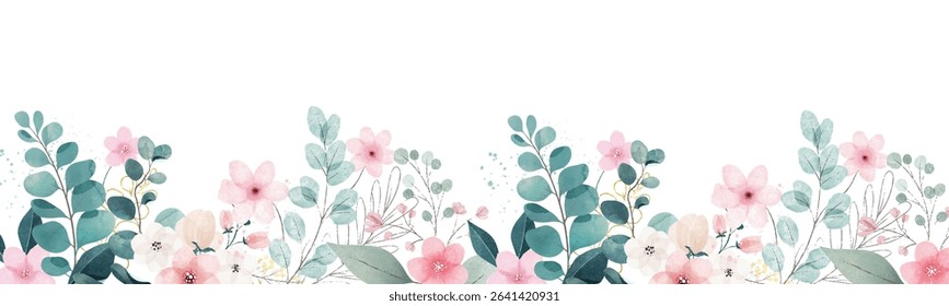 Watercolor flowers frame background for design. Floral border frame card template. Vector design illustration. 