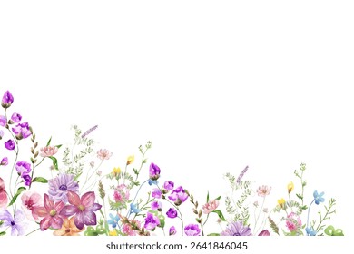 Watercolor flowers frame background for design. Floral border frame card template. Vector design illustration. 