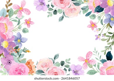Watercolor flowers frame background for design. Floral border frame card template. Vector design illustration. 