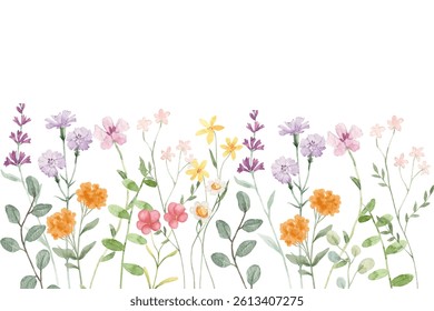 Watercolor flowers garden background for design. Floral border frame card template. Vector design illustration. for banner, wedding card.