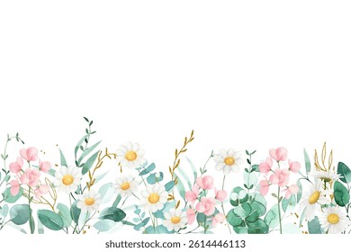 Watercolor flowers garden background for design. Floral border frame card template. Vector design illustration. for banner, wedding card.