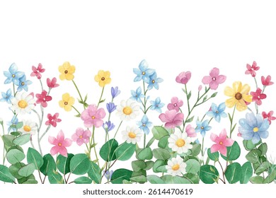 Watercolor flowers garden background for design. Floral border frame card template. Vector design illustration. for banner, wedding card.
