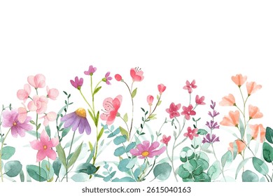 Watercolor flowers garden background for design. Floral border frame card template. Vector design illustration. for banner, wedding card.