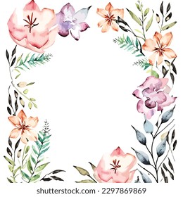 Watercolor flowers garden botanical frame illustration for a wedding invitation