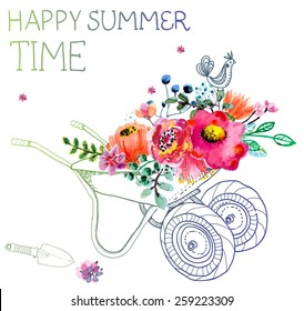 Watercolor flowers and garden trolley over white, beautiful summer illustration, Vector