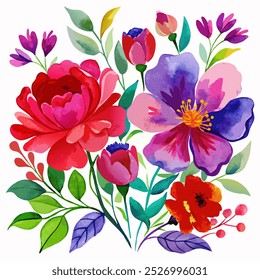 watercolor flowers hand writting, red violet