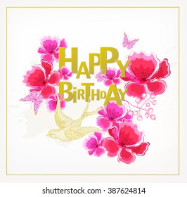 Watercolor flowers Happy birthday card. Floral invitation.