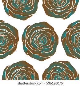 Watercolor flowers illustration in blue and brown colors on a white background. Seamless pattern.