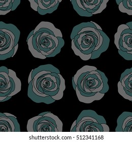 Watercolor flowers illustration in gray and green colors on a black background. Seamless pattern.