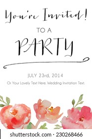Watercolor Flowers Invitation Vector Party Template