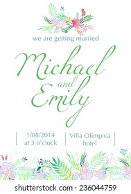 Watercolor flowers invitation. Vintage wedding card design isolated on white background. Artistic vector template.