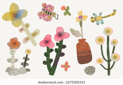 Watercolor flowers, leaf, butterfly, dragonfly, vector illustration collection. cute nature. isolated on white background, hand drawn
