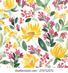 Watercolor flowers and leaf seamless summer pattern. Vector illustration