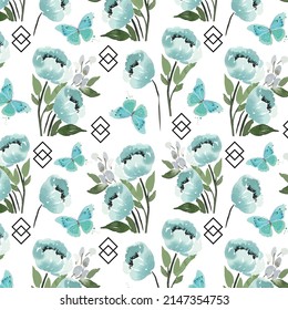 Watercolor flowers with leaves and beautiful butterflies pattern