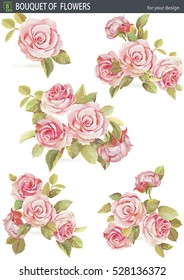 Watercolor Flowers and leaves for greeting card. Hand drawn Bouquet of roses. Beautiful Realistic vector elements. No transparency and shadows, eps8