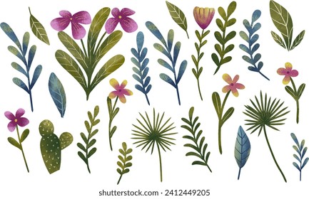 watercolor flowers and leaves illustration set elements