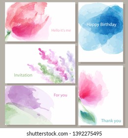 Watercolor Flowers And Leaves On A White Background. Design Business Cards, Greeting Card, A Set Of 5 Backgrounds