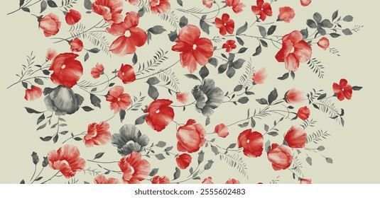 Watercolor flowers with leaves repeat pattern design Hand drawn vector illustration print design 