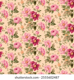 Watercolor flowers with leaves repeat pattern design Hand drawn vector illustration print design 