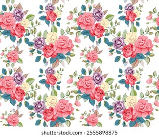 Watercolor flowers with leaves seamless repeat pattern design vector illustration