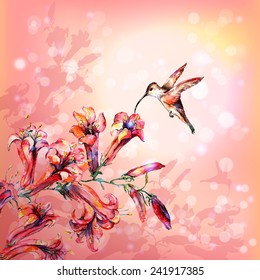 Watercolor flowers lilies and hummingbird against the background of pink sunrise.