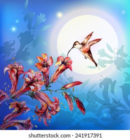 Watercolor flowers lilies and hummingbird against a blue background of the night with a bright moon.