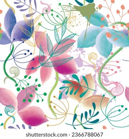 Watercolor flowers lines seamless pattern. Dirty watercolor splashes and splatters background. Hand drawn paint line art flowers, leaves. Modern textured artistic ornaments. Endless grunge texture.