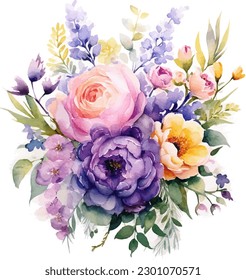 Watercolor flowers on a white background with a purple and orange flowers.