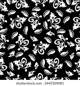 Watercolor flowers pattern, black and white tropical elements, green leaves, navy blue background, seamless