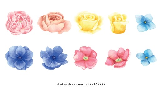 Watercolor flowers in pink, yellow, and blue. Delicate floral designs. Pink roses, yellow roses, blue flowers. Soft watercolor textures. Floral art collection. Watercolor element vector set.