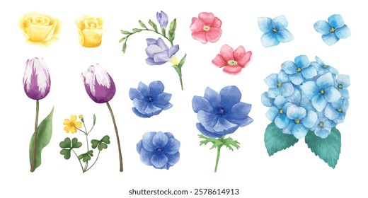 Watercolor flowers: roses, tulips, hydrangeas. Vibrant colors: yellow, purple, blue. Delicate petals, artistic floral design. Perfect for floral-themed projects. Watercolor element vector set.