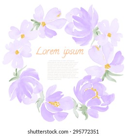 Watercolor Flowers round frame. Vector illustration of hand drawn natural wreath for invitation cards, save the date, wedding card design.