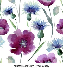 Watercolor flowers seamless pattern. Bright colors watercolor background.
