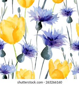 Watercolor flowers seamless pattern. Bright colors watercolor background.