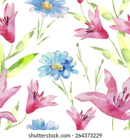 Watercolor flowers seamless pattern. Bright colors watercolor background.