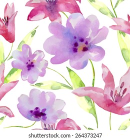 Watercolor flowers seamless pattern. Bright colors watercolor background.