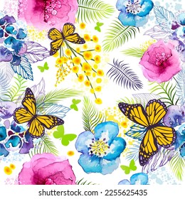 Watercolor flowers seamless pattern with butterflies. Vector illustration