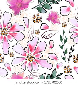 Watercolor flowers seamless pattern with leaves. Mixed media. Vector illustration
