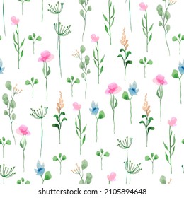 Watercolor  flowers seamless pattern on white background. Vector art illustration.
