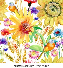 Watercolor Flowers Seamless Pattern. Vector Illustration.
