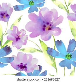 Watercolor flowers seamless pattern.Bright colors watercolor background.
